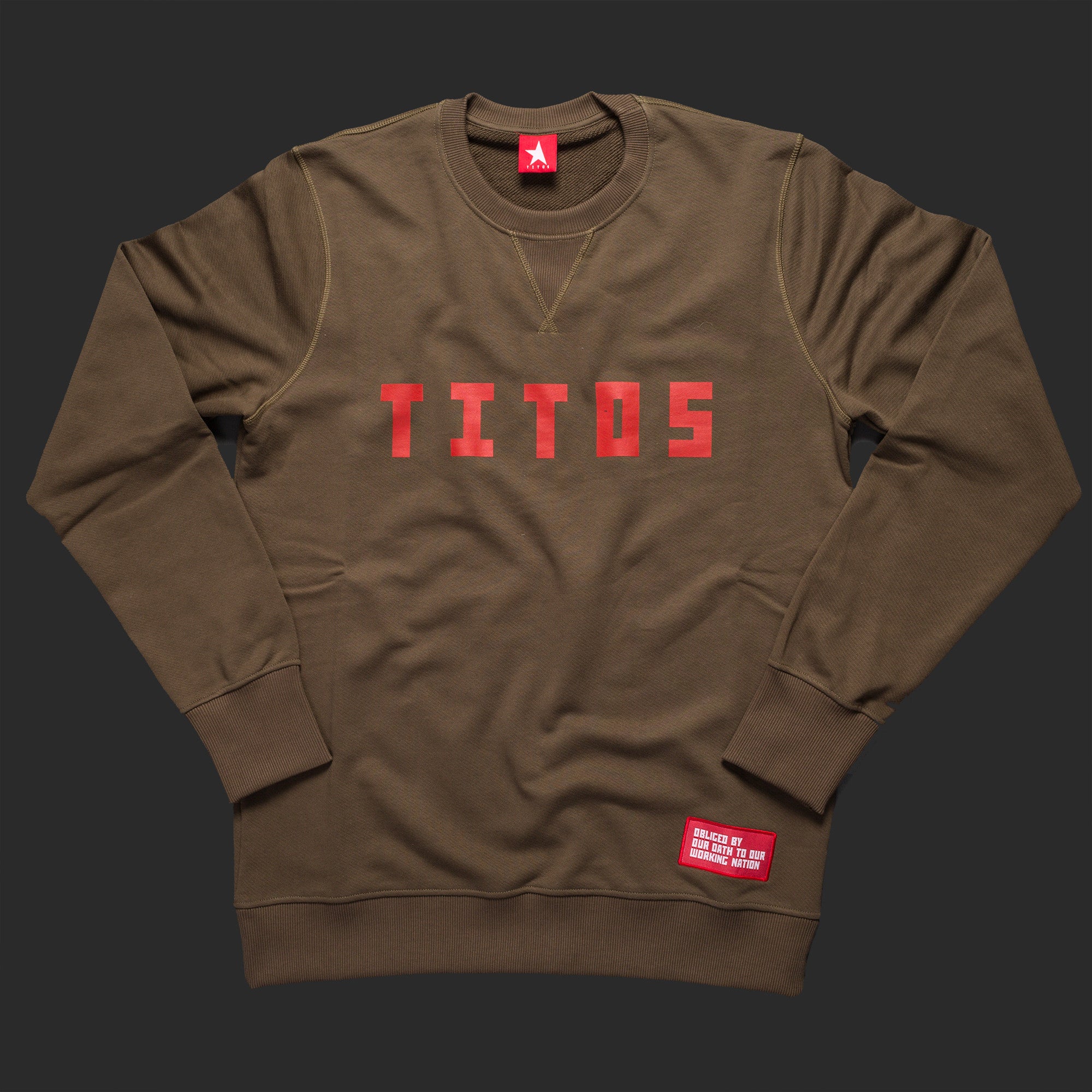 12th TITOS crewneck olive/red letter chest logo