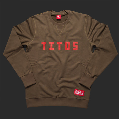 12th TITOS crewneck olive/red letter chest logo