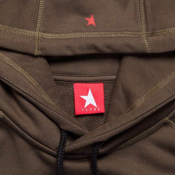 8th TITOS hoodie olive/red with star + letters logo