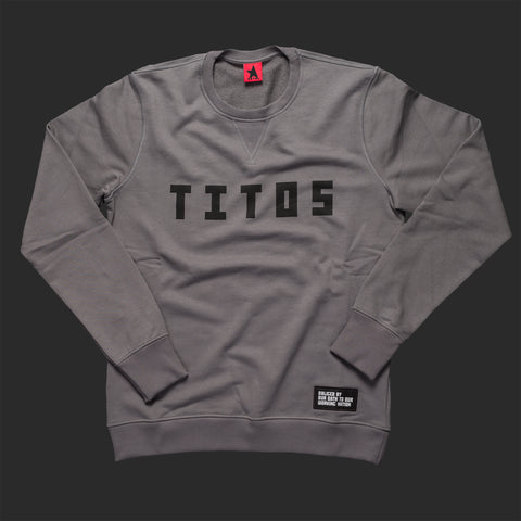 12th TITOS crewneck pwtr/blk letter chest logo